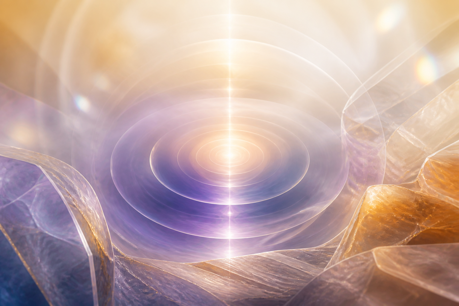 Ondas de luz âmbar e índigo evocando reorganização vibracional do campo energético.