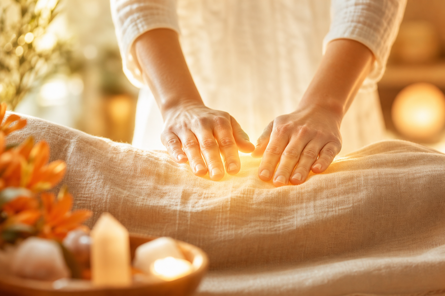 Mãos em repouso sob luz dourada suave — acolhimento e fluxo de energia reiki.